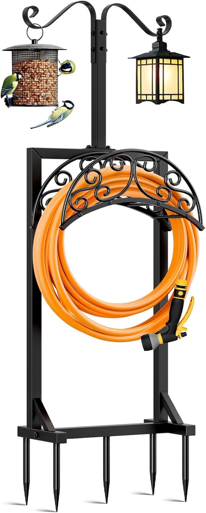 Jvgoo Garden Hose Holder for outside - Upgraded Water Hose Holders with 5 Spikes & 2 Shepherds Hooks, Freestanding Garden Hose Stand Heavy Duty Hose Hanger Hose Storage Hose Reel Rack for Yard Lawn