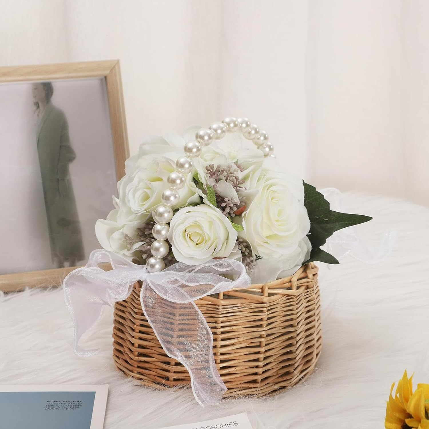 Wicker Basket for Flower Girls, Braided Flower Basket, Flower Basket with Bow and Pearl Handle, Picnic Basket, Wicker Basket, Woven Basket for Wedding, Table Decoration image number 4