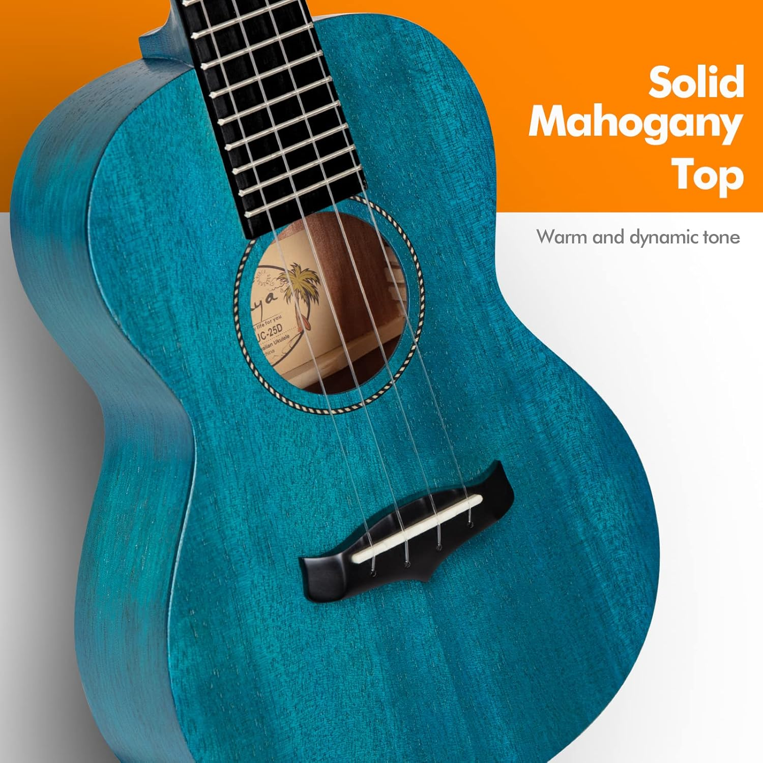 Enya Concert Ukulele 23 Inch Blue Solid Mahogany Top with Ukulele Starter Kit Includes Online Lessons, Tuner,Case, Strap, Strings, Capo, Sand Shaker, Pick,Polish Cloth (EUC-25D BU) image number 2