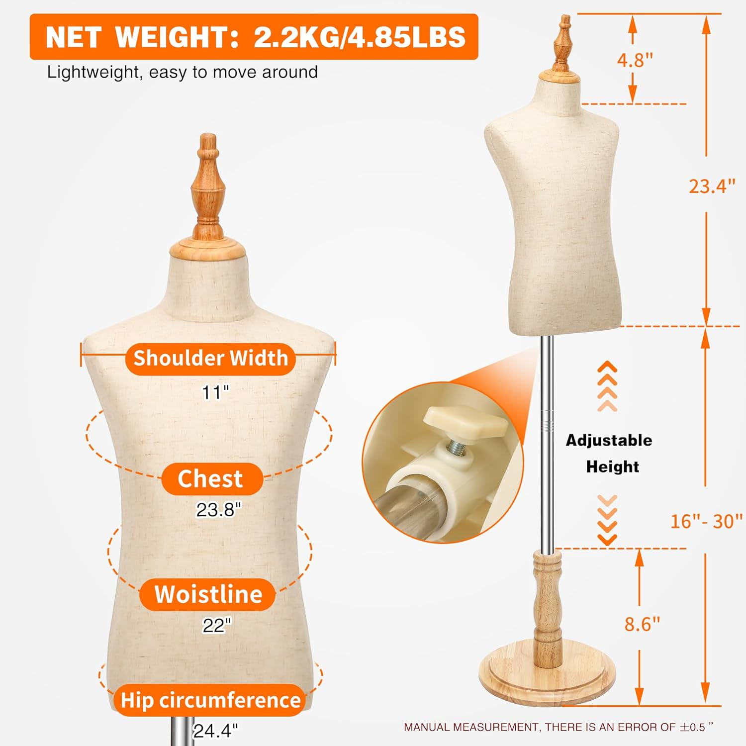 Tarokitc Kid Dress Form, Adjustable Child Mannequin Torse with Wooden Base, Unisex Toddler Clothes Mannequins for Apparel Scarf Jewelry Window Shop Display (Beige, 8-9 Years Old) image number 2