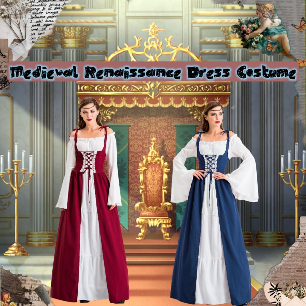 AUTOWT Renaissance Costumes for Women, Fairy Gothic Gown Chemise Peasant over Dresses, Medieval Irish over Dress, Trumpet Long Sleeve Chemise Boho Outfit for Halloween Cosplay Party Lady Maxi