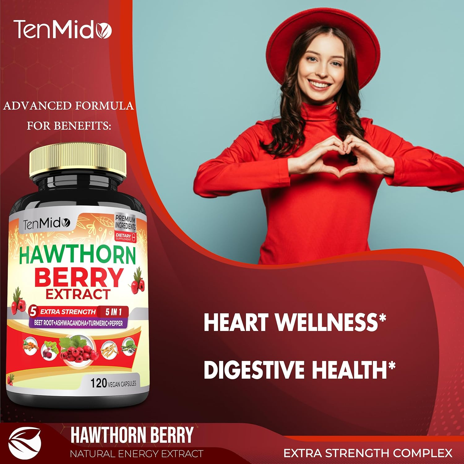 Hawthorn Berry Supplement Extract Capsules 12800Mg - 120 Vegan Capsules for 4 Months - Combined Beet Root, Ashwagandha, Turmeric Curcumin & Black Pepper - Supports Heart Health & Energy Production image number 5