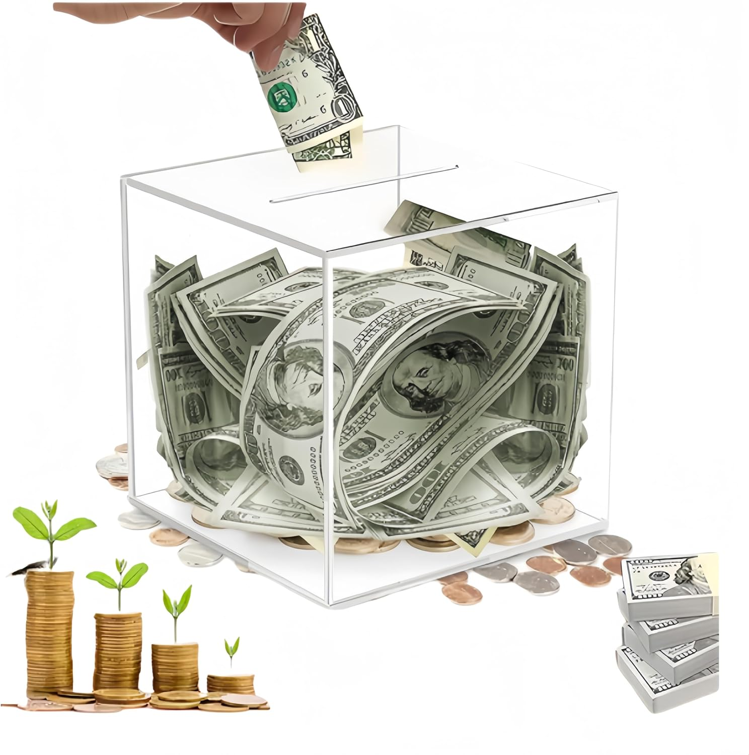 Clear Acrylic Money Box, Wanfoou Clear Piggy Bank, Unopenable Clear Piggy Bank, Saving Money Box for Storing Coins and Bills (Clear 12X12X12Cm) image number 4