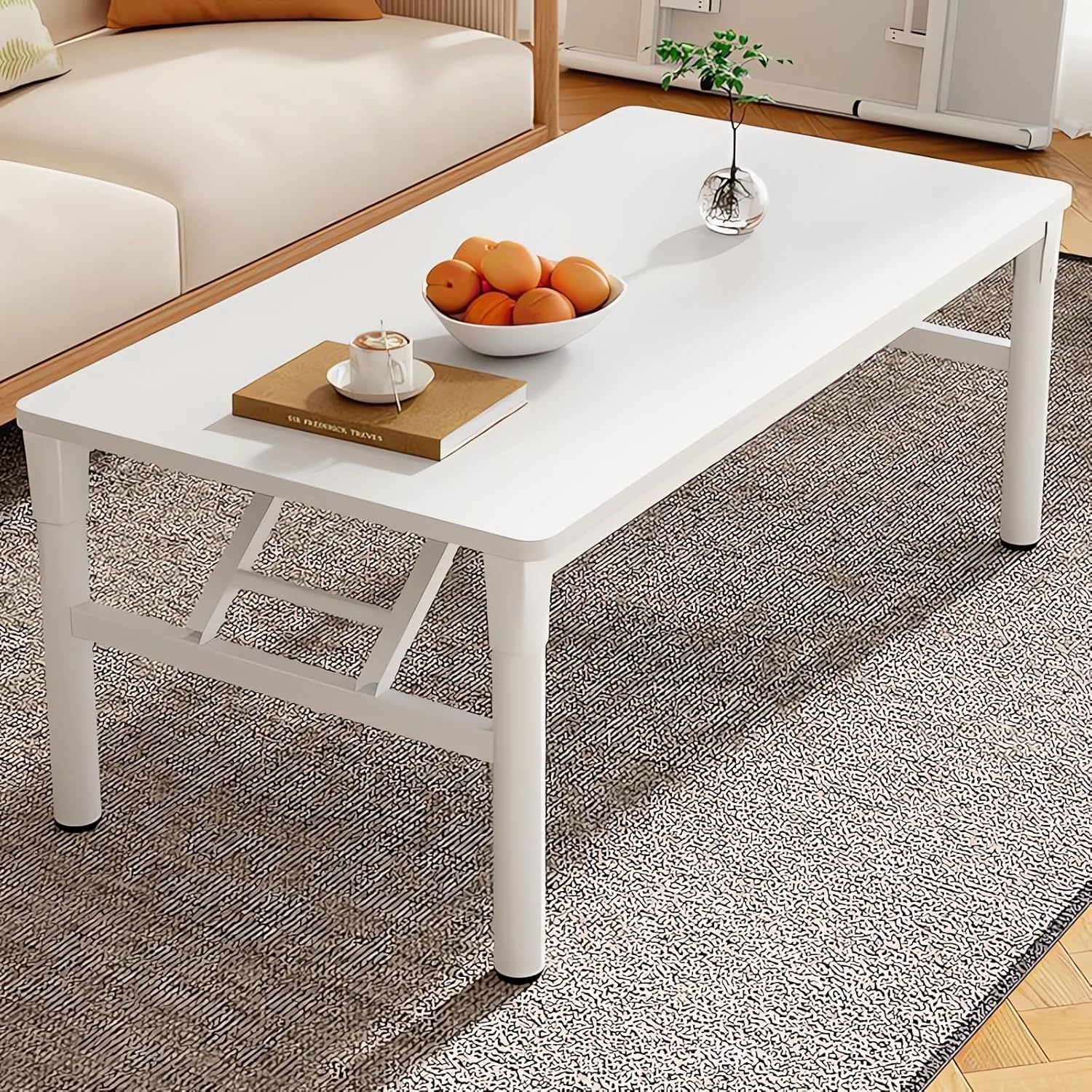 Modern Coffee Table with Wood Top, Foldable Metal Legs, Living Room Furniture A189 (White, 80X40X42CM)