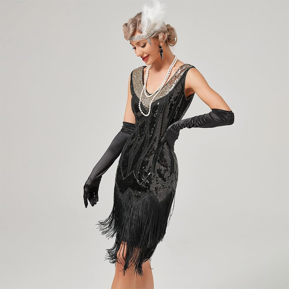AUTOWT 1920S Women'S Flapper Dresses, V Neck Beaded Fringed Great Gatsby Roaring 20'S Costume Dress for Halloween Christmas Theme Party