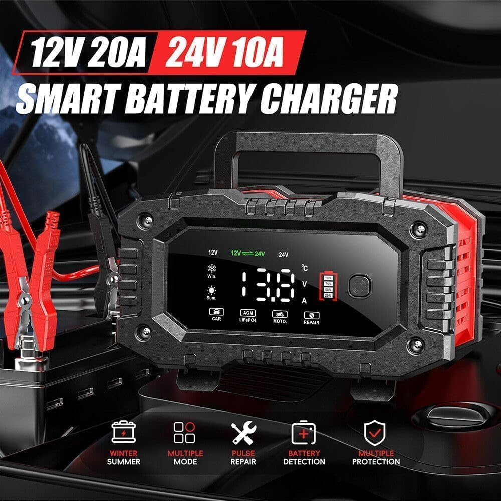 Smart Car Battery Charger AU Plug for 12V 20A / 24V 10A Motorcycle Truck Lawn Mower Lead Acid AGM Gel Lifepo4 Batteries Tender Automotive Fast Pulse Repair Trickle Chargers Maintainer