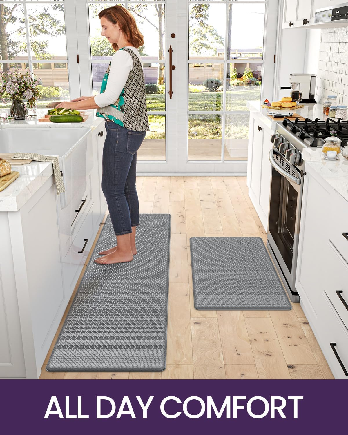 DEXI Kitchen Mats for Floor, Cushioned anti Fatigue, 2 PCS Rug Set, Non Slip Waterproof Comfort Standing Mat, 17"X29"+17"X59", Grey