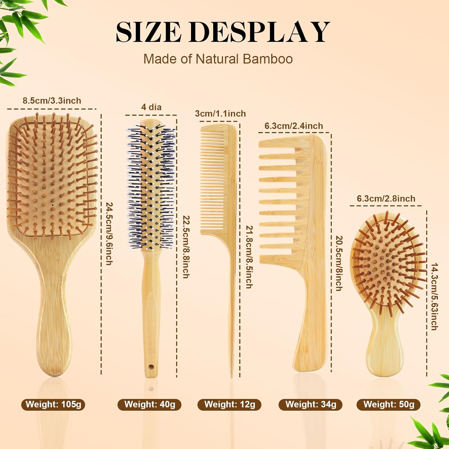 HEYMKGO Hair Brush Set, 5Pcs Natural Bamboo Paddle Detangling Brush for Women and Men, round Brush, Wide-Tooth and Tail Comb with 2 Size Brush - Reduce Frizz, Travel & Family-Friendly Hair Care Kit