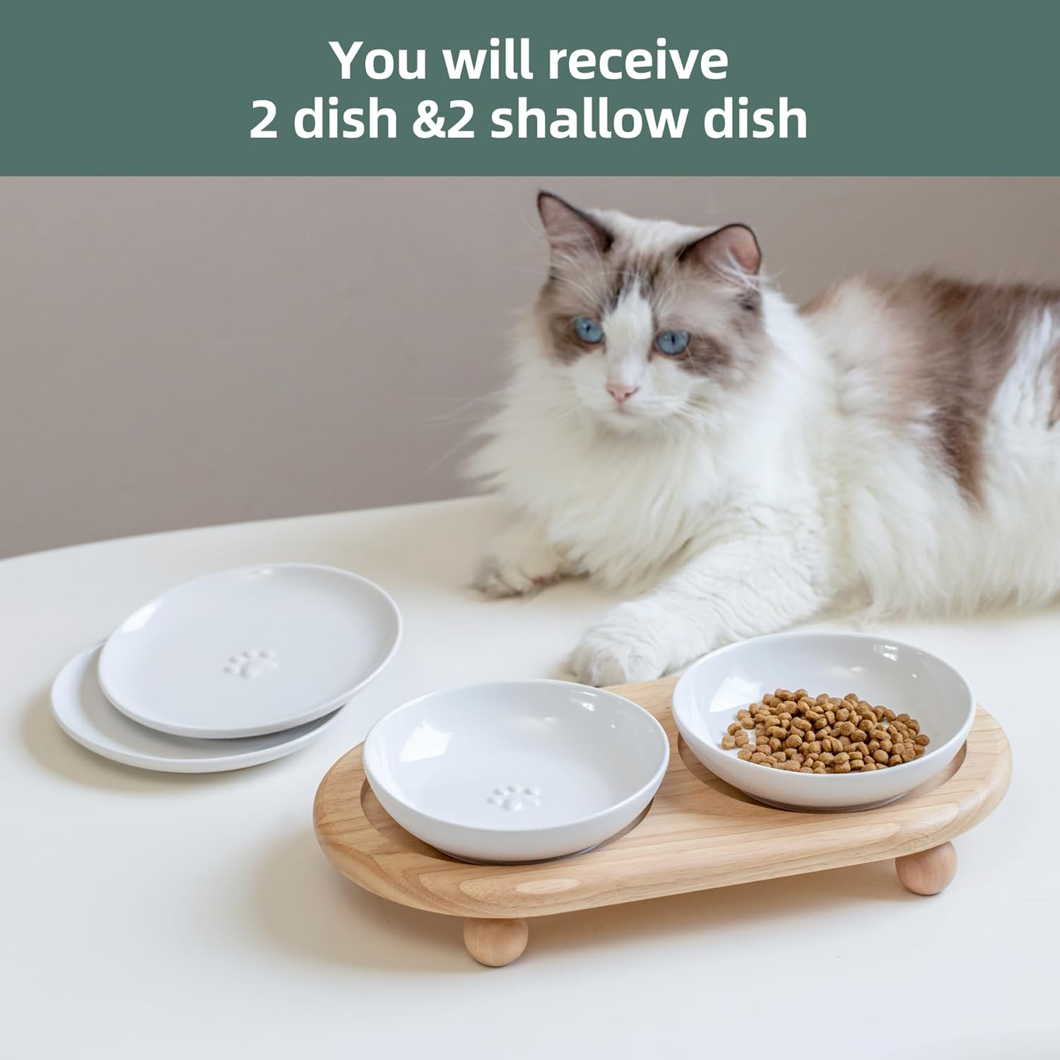 Havniva Raised Ceramics Wide Whisker Friendly Cat Dishes, Food& Water Bowl with 2 Style Stand Adjustable Anti-Choking Raised Pet Bowl Set, anti Whisker Fatigue(2Dish+2Shallow Dish+Stand, White image number 3