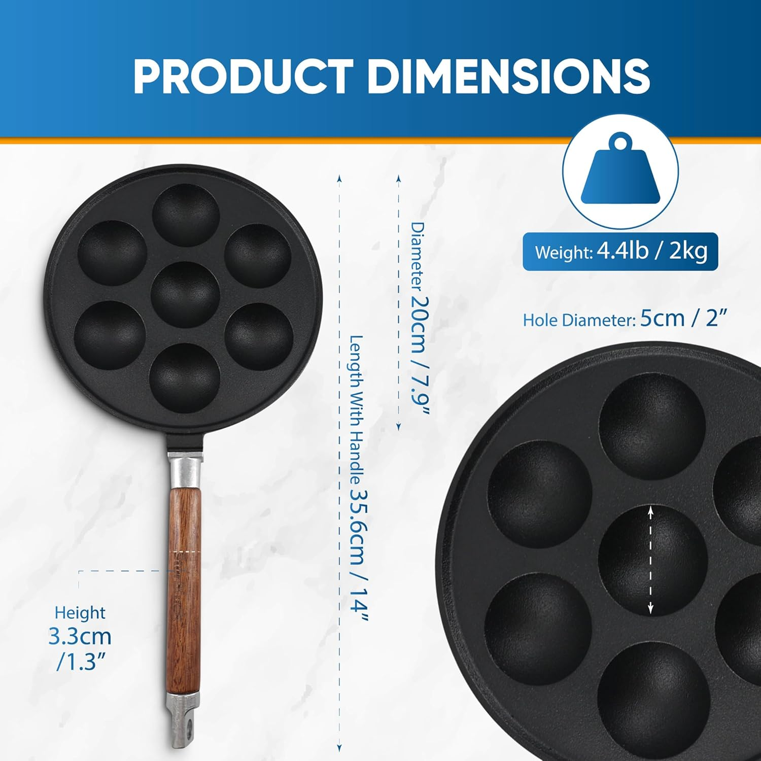 Starblue 7-Hole Cast Iron Aebleskiver Pan Detachable Wooden Handle, Pre-Seasoned, Aebleskiver Sticks and Recipe Book Included image number 5