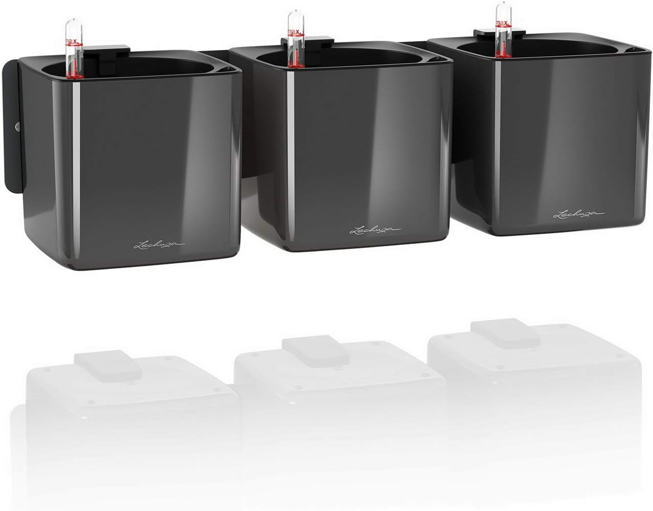 Lechuza Glossy Cube Triple Wall Planter Kit, High Gloss Charcoal