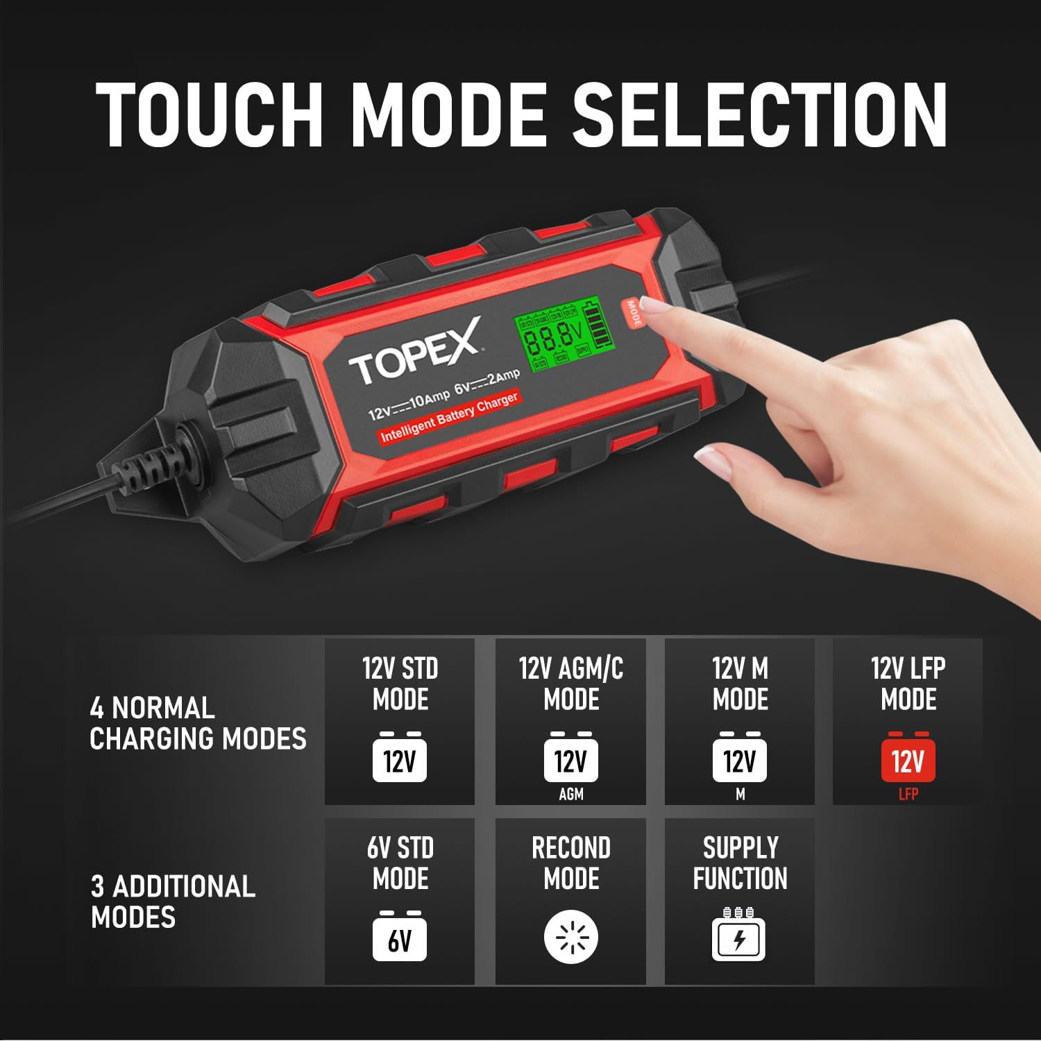TOPEX Car Battery Charger, 12V 10A/ 6V 2A Smart Automatic Battery Charger Maintainer IP65 Rated with 10 Stage Charging LCD Display for Lead Acid, Lifepo4 Battery in Car, Truck, Motorcycle, Boat, SUV image number 4