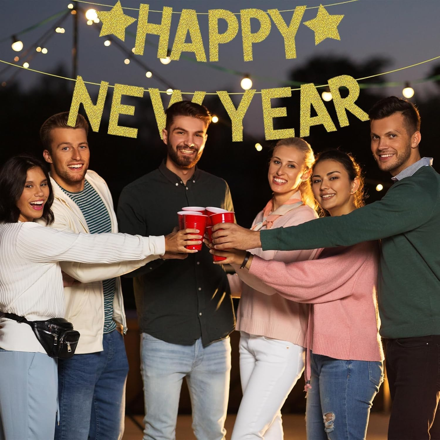 New Years Eve Decorations 2025 Bunting Banner, Glitter Gold Happy New Year Banner Hanging Decorations for New Years Eve Party Home Bar Outdoor Decorations