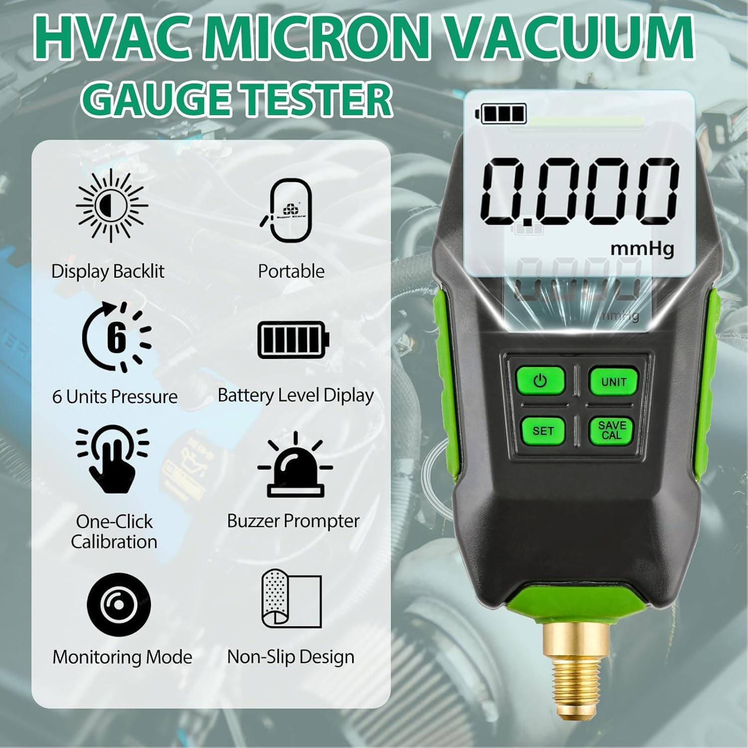 Digital Vacuum Gauge, Large Screen Display, Professional Accuracy, Integrated Extension Connector, 7/16In 20UNF Interface, 4 Vacuum Units, Water Dust Resistant image number 6