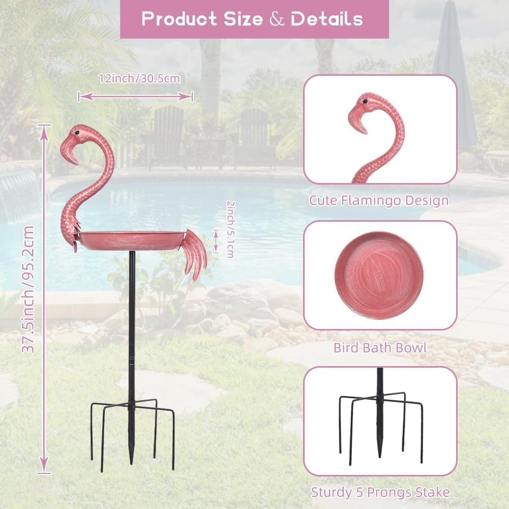 Pink Flamingo Bird Baths for Outdor, 12 Dia Metal Bird Bath Bowl with 5 Prongs Ground Stake, Rustproof Birdbaths for Garden, Yards Lawn Patio, Bird Lovers Gift image number 5