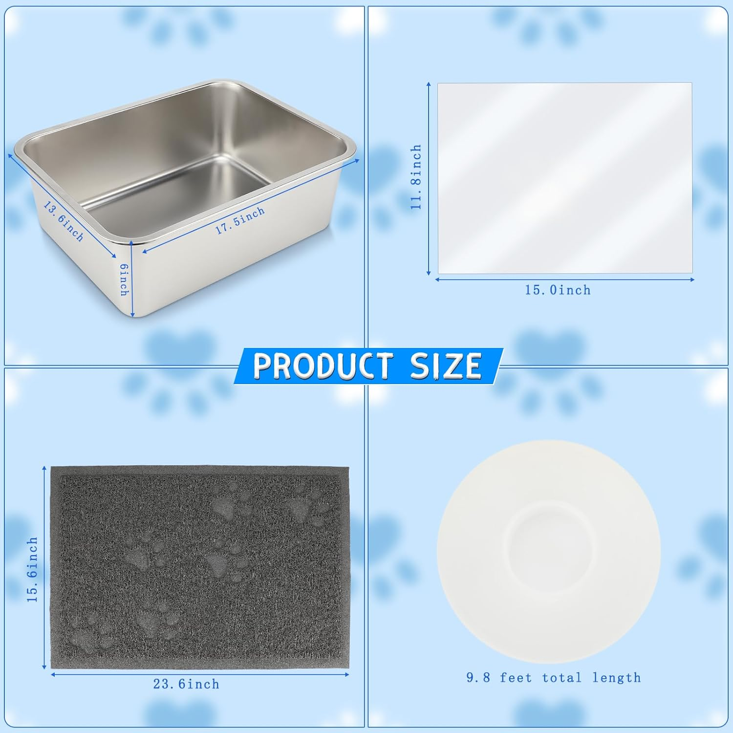 YUEPET 2 Sets Stainless Steel Cat Litter Box with High Sides, Durable Metal Cat Litter Basin Pan Easy to Clean Cat Litter Tray for Odor Control with Cat Litter Scoops Cat Litter Mats 17.5"X13.6"X6" image number 4