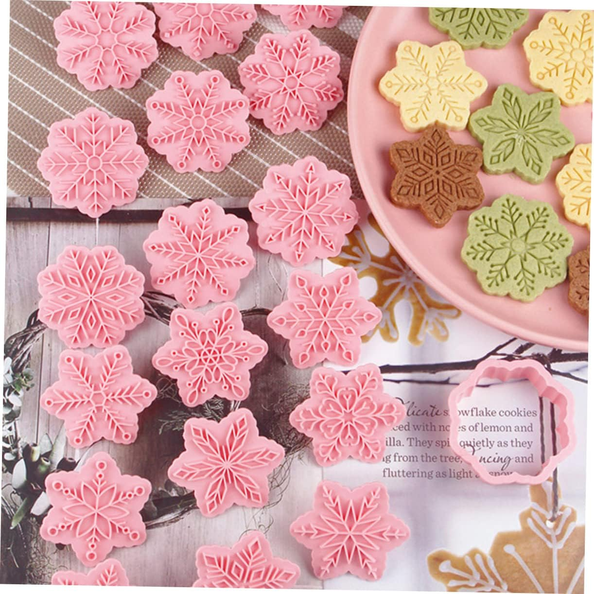 Christmas 3D Snowflake Cookie Molds 18Pcs Plastic Press-On Biscuit Stamps Baking Supplies for DIY Holiday Cookies Baking Lovers image number 1