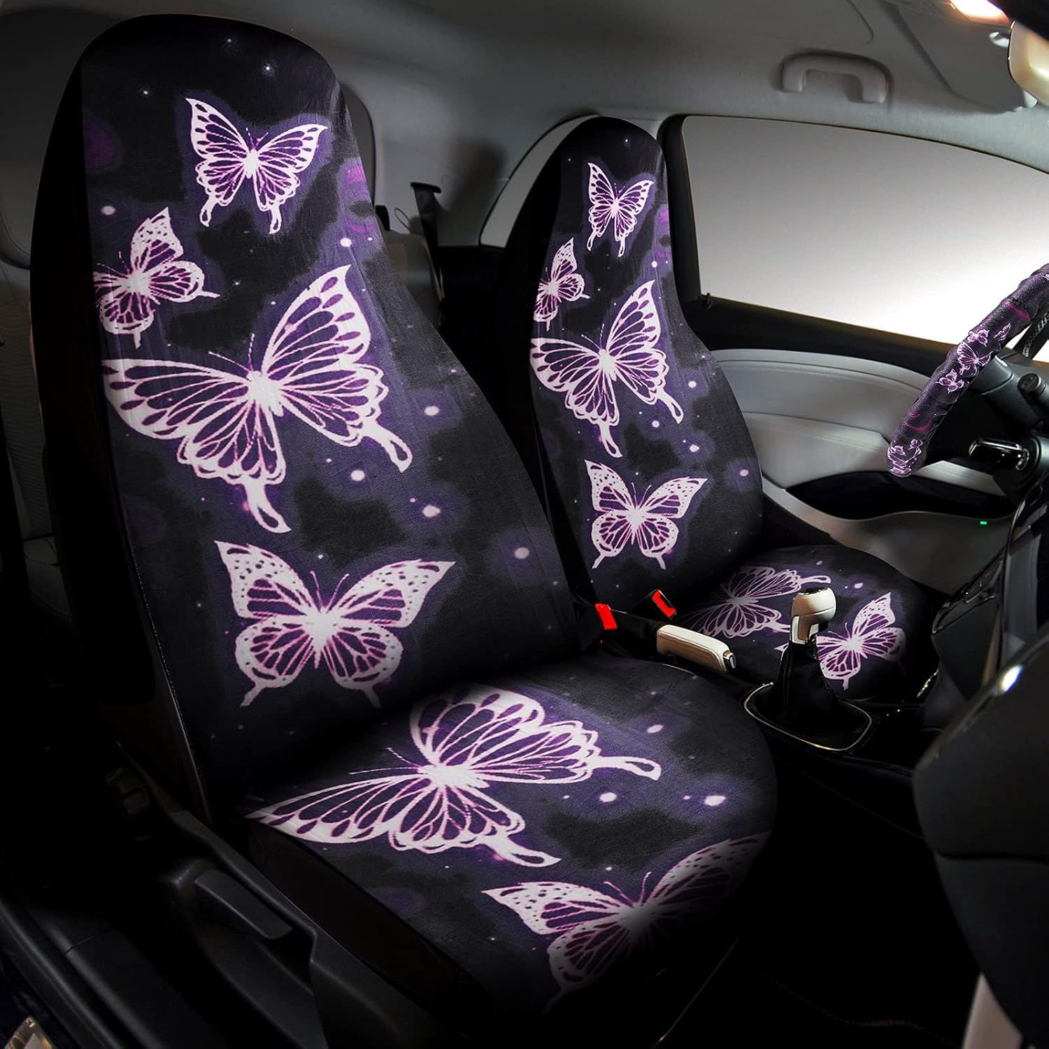 Frienda 24 PCS Butterfly Car Accessories Car Seat Covers Full Set Floor Mats Steering Wheel Cover Seat Belt Pads Center Console Pad Cup Holders for Women(Purple Butterfly Pattern) - Blue Butterfly Pattern image number 6