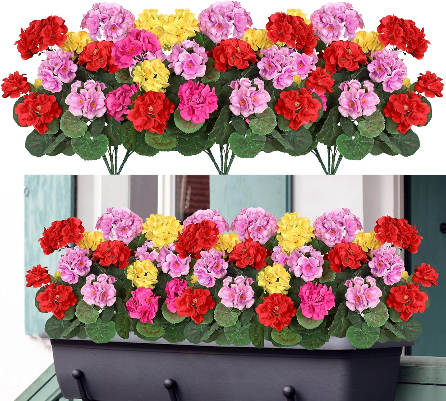 Dremisland 3 Pack Artificial Geranium Flowers for Outdoors Red Geranium Silk Flowers Outdoor UV Resistant Garden Plants Bush Faux Flowers for Home Wedding Kitchen Table Centerpieces Decor(Red, 3Pack)