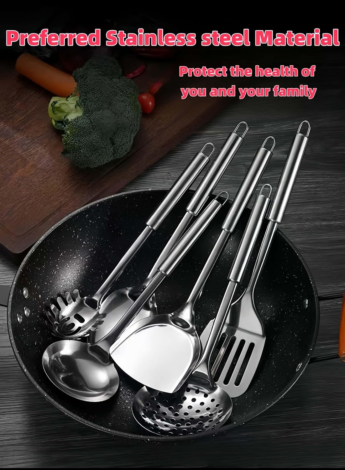 HOLADAWN Stainless Steel Kitchen Cooking Utensil Set - 6 Pcs Premium Serving Utensils with Spatula, Slotted Turner, Soup Ladle, Skimmer Spoon, Pasta Spoon, Serving Spoon image number 4