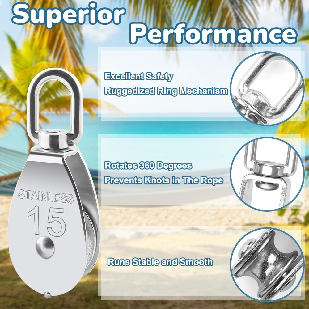 10 PCS M15 Single Pulley Blocks, Heavy Duty Roller Crane Pulley Accesseries Swiveling Wire for Lifting 250Kg/551Ibs 304 Stainless Steel(M15) image number 5