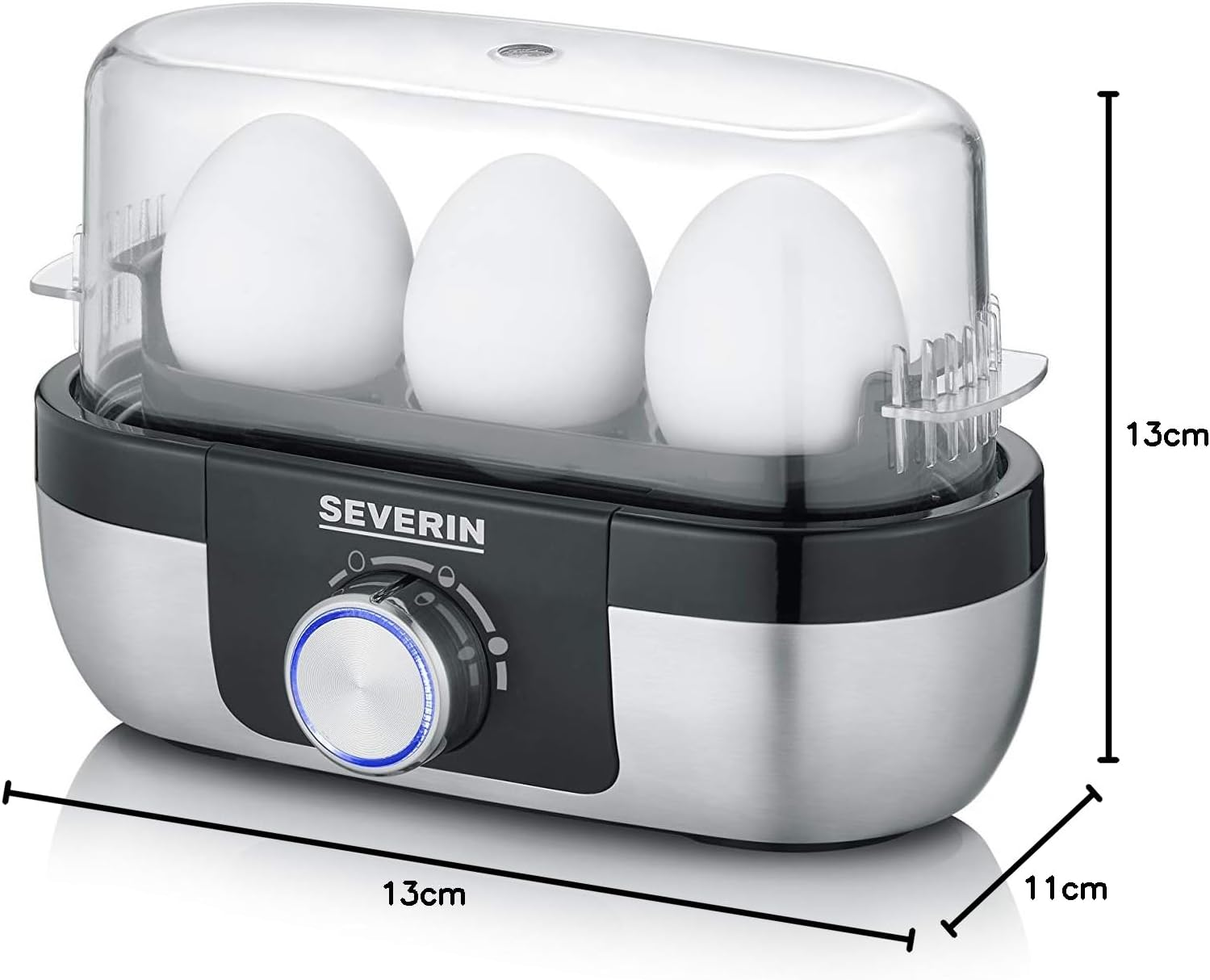 SEVERIN EK 3163 Egg Cooker for 3 Eggs with Electronic Cooking Time Monitoring Including Measuring Cup with Egg Cutter Egg Cooker for Ideal Hardness Level Brushed Stainless Steel/Black 300 W image number 2