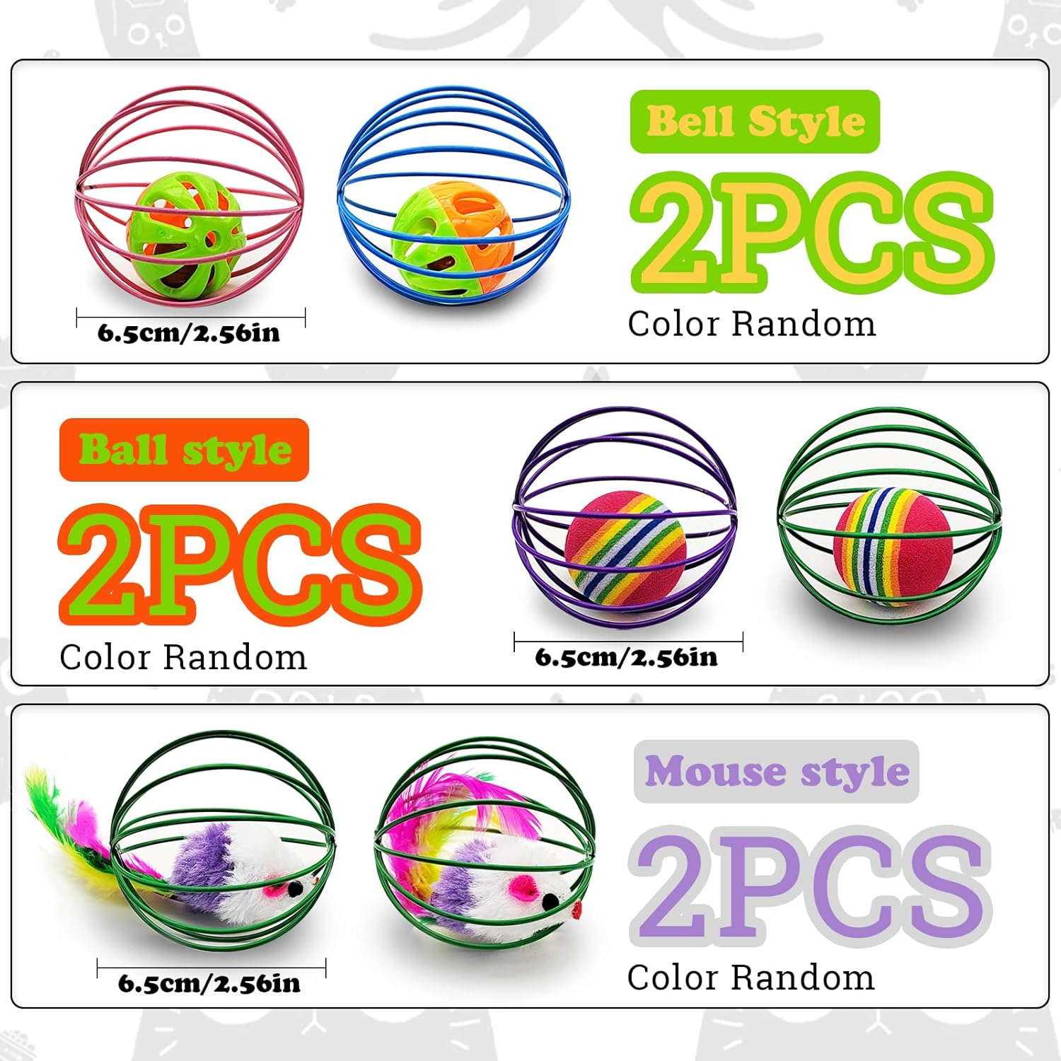 Andiker 6 Pieces Cat Spring Toy, 2.1 Inch Colourful Cat Spring Balls with Mice & Bell Ball & Rainbow Ball Metal Cage Balls Spring Cat Toy for Cat Kicking Exercise (Random Colour 1) image number 3