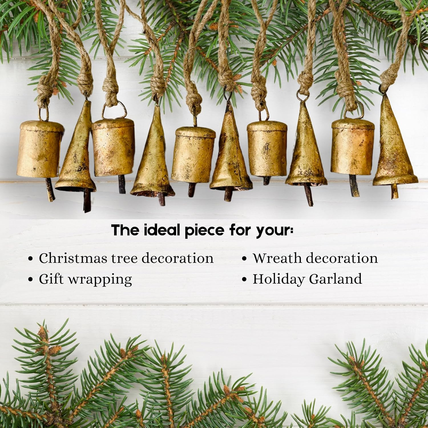 Mie Creations Set of 10 Rustic Vintage Christmas Bells, Tin Bells on Jute Rope, Decorative 7Cm Jingle Bells for Crafts, Christmas Tree Ornaments, Handmade Metal Hanging Mini Cowbells- Antique Gold image number 2