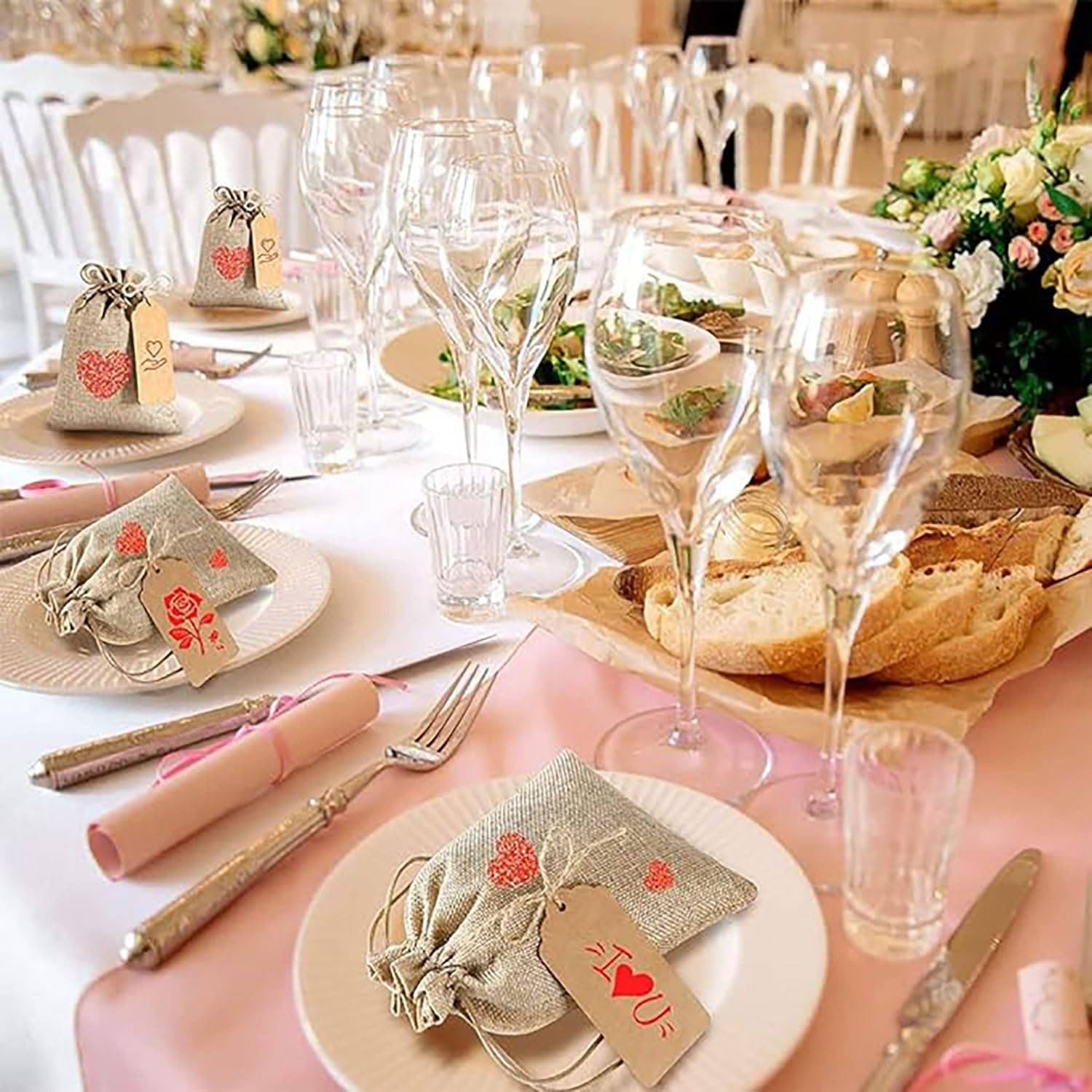 Yqkangzhu 50PCS Burlap Gift Bags with Drawstring, 5"X7"Reusable Hessian Linen Sacks Bag, Favor Sacks with Gift Tags & String, Jewelry Pouches for Birthday Party Present Wedding Art DIY Craft Christmas image number 2