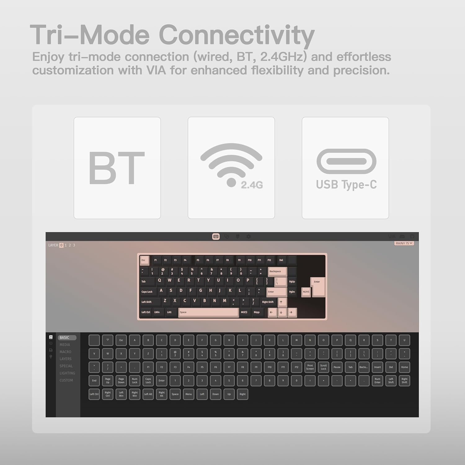 KEEBMONKEY WOBKEY Rainy 75 Aluminum HMX/JWK Switches Mechanical Keyboard with Superior Acoustics, Wired, BT, 2.4G Wireless Connectivity (Standard - Silver) image number 3