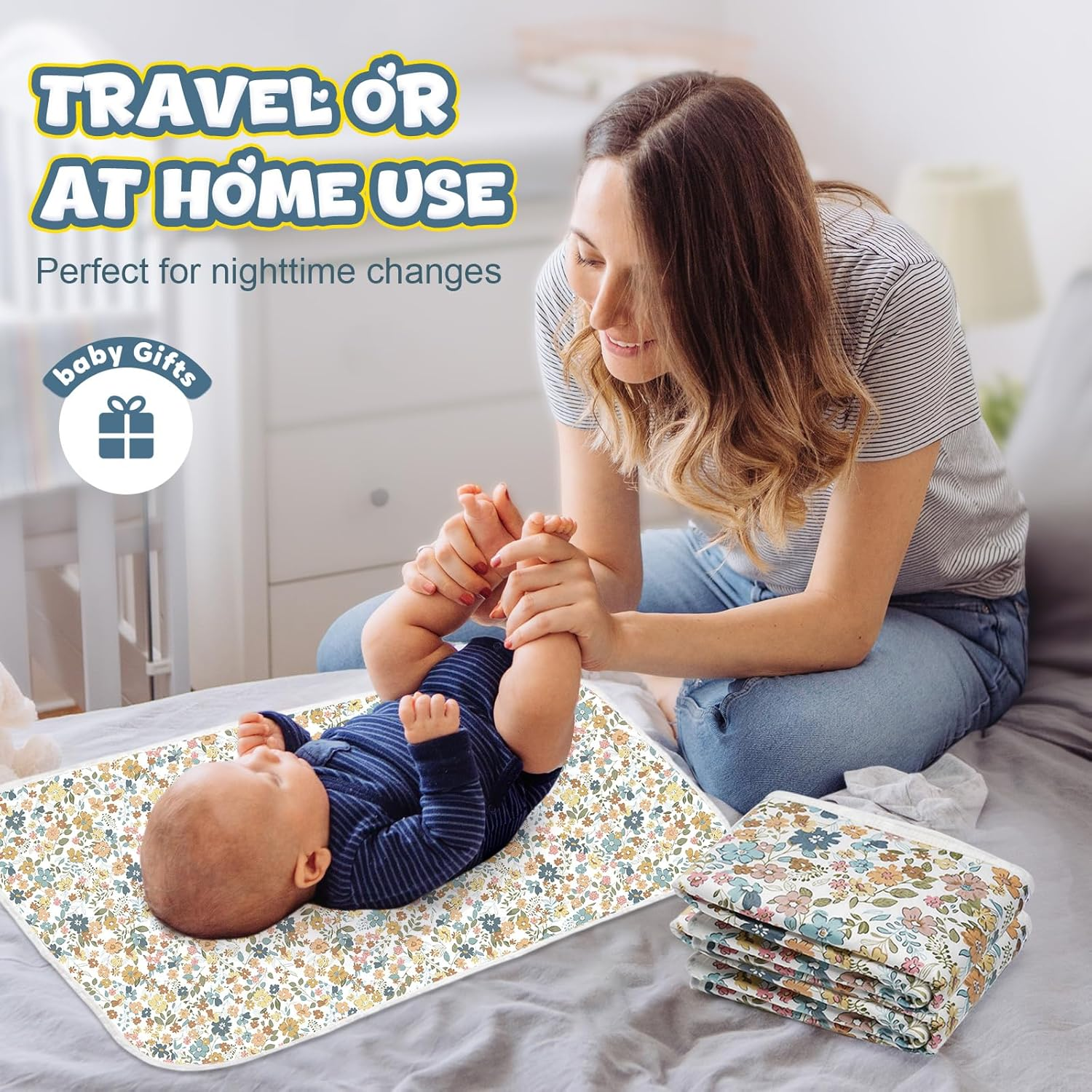 Baby Diaper Changing Pad &ndash; 31.5" X 21.5" Extra Large Waterproof Absorbent Portable Changing Mat, Reusable Changing Pad Liner for Travel or at Home Use(Floral1) - Floral1 image number 2