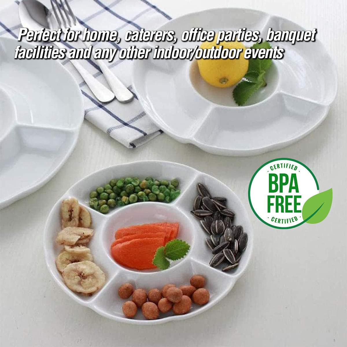 Home Master round Melamine Platter Tray with 5 Section Divider, White, 28 Cm Diameter X 3 Cm Size