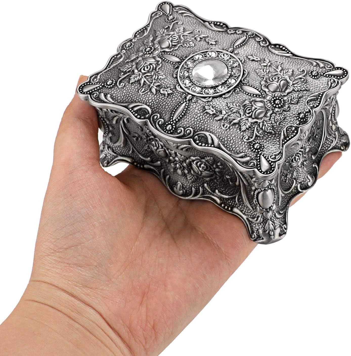 Hipiwe Vintage Jewelry Box, Metallic Grey Floral Rectangular Treasure Chest Box, 3.7" X 2.7" X 2", Keepsake Gift Box Case for Women Girls image number 4