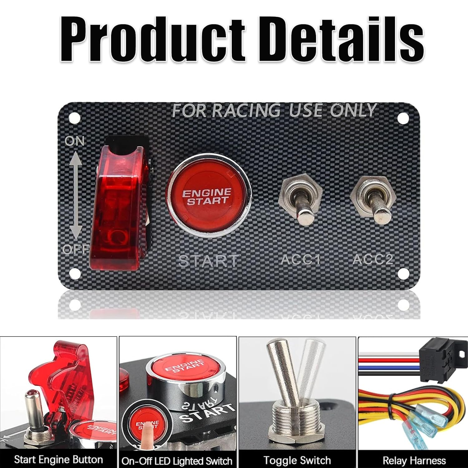 BYYOUIV 12V 4-In-1 Ignition Switch Panel Kit - Red LED Push Button, Carbon Fiber Toggle Switches for Racing Cars, Trucks, Rvs image number 2