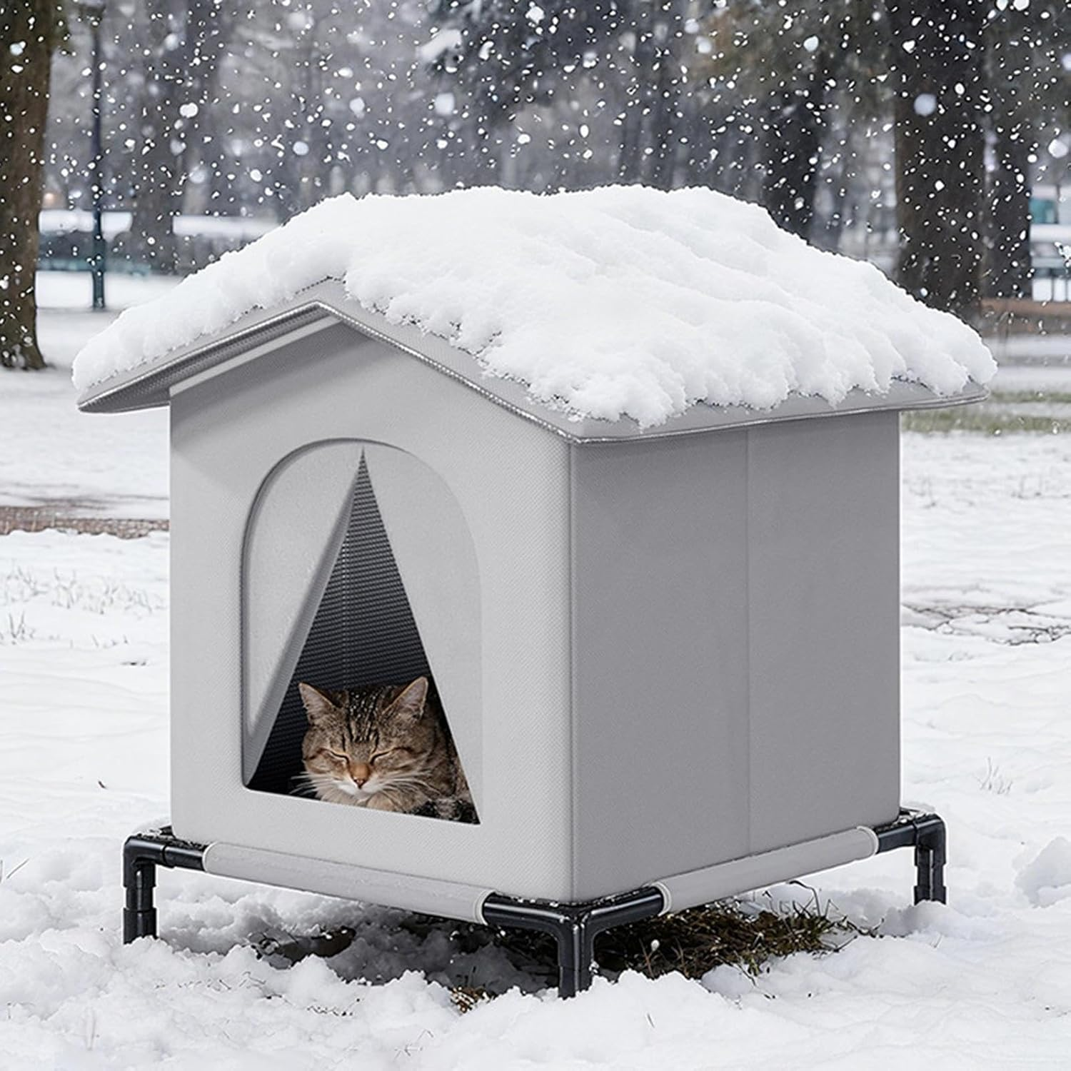 Cat Shelter | Foldable Windproof Lightweight Bed,Compact Stray Cat House - for Outdoor Winter Patio Balcony Play Sleeping Refuge Animals image number 5