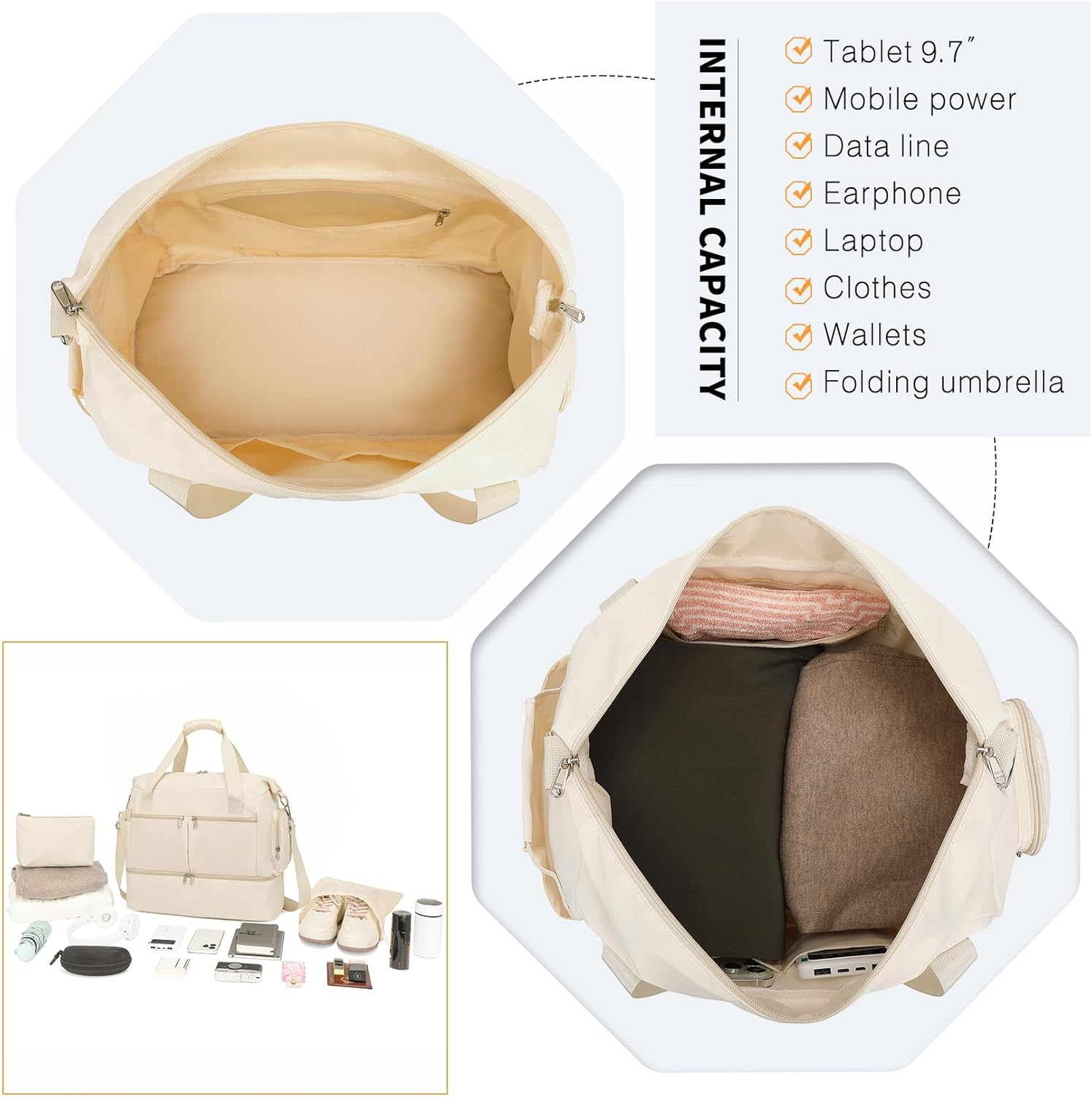 Kono Travel Duffel Bag 32L Water-Resistant Gym Tote Bag with Shoes Compartment Cosmetic Bag Detachable Shoulder Strap Lightweight Holdall Luggage Bag Weekend Bag with Trolley Sleeve - Grey image number 5