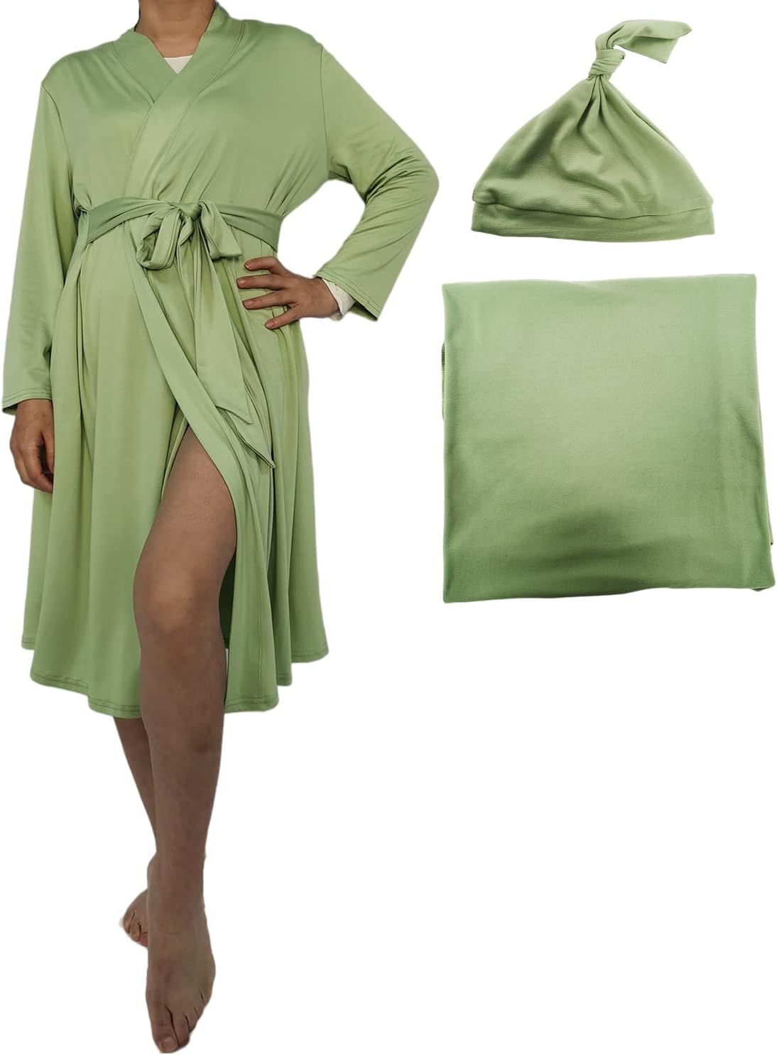 SUFEINI Maternity Robe and Matching Baby Swaddle Blanket Set, Mommy Robe with Receiving Blanket Girls Boys Sleepwear, A31-Green, Small image number 1