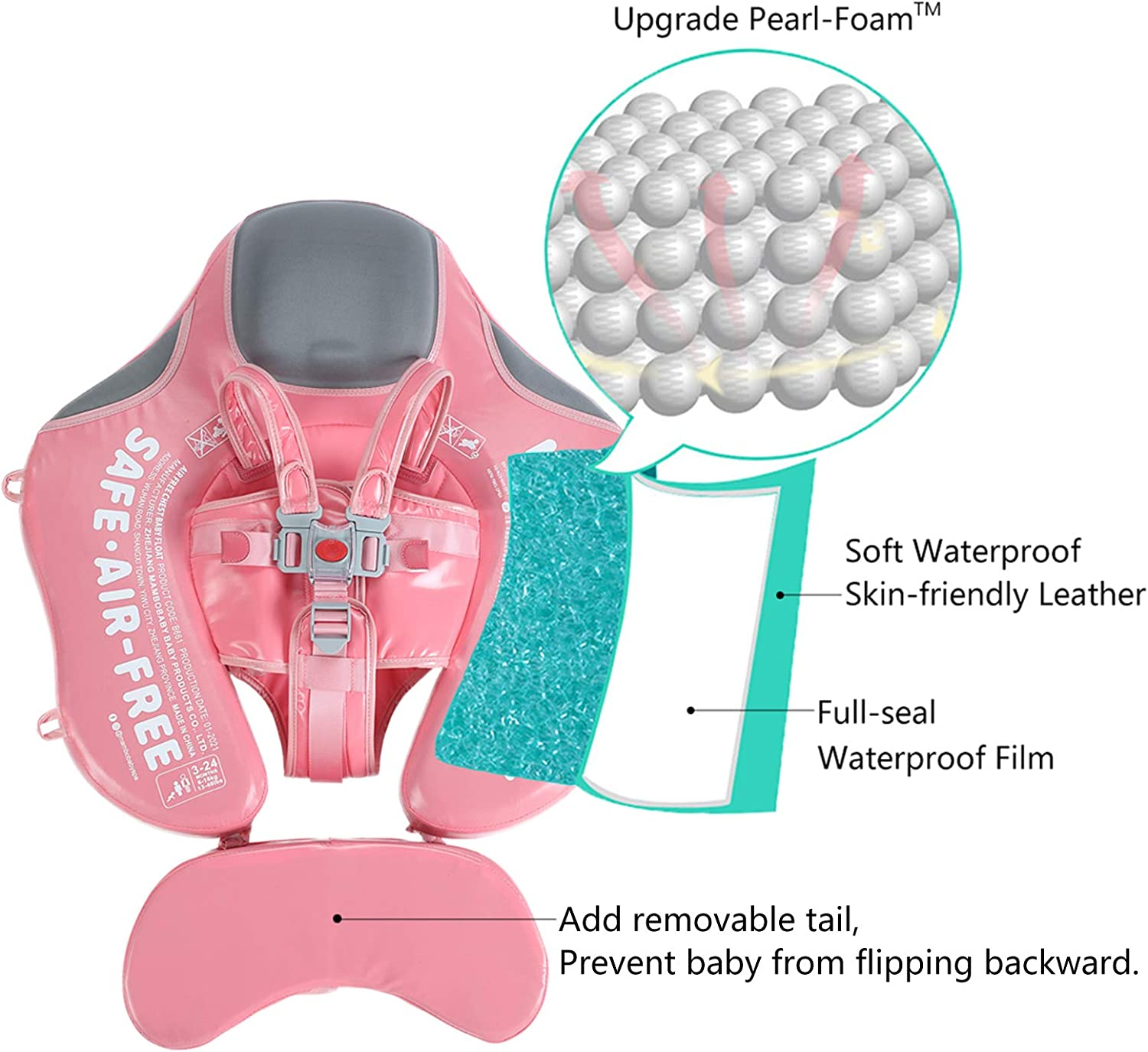 HECCEI Add Tail Newest Mambobaby Baby Swim Float with Canopy Solid Pool Infant Swim Trainer Swimming Training Lying Air Free Water Floats Non-Inflatable Waist Swim Ring for Toddlers (Flamingo)