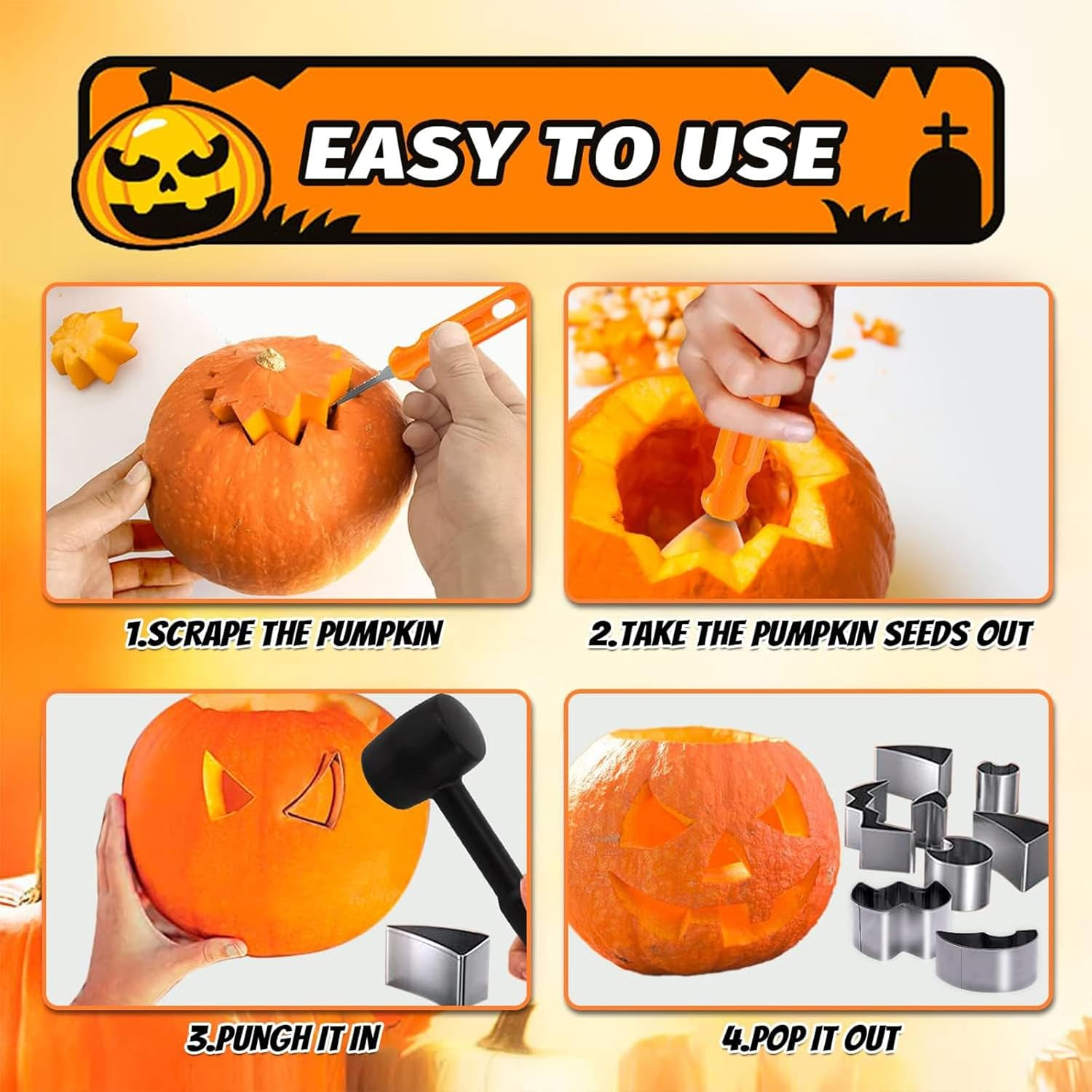 Halloween Pumpkin Carving Tools Jack-O-Lanterns 18 Pcs Professional Pumpkin Carving Kit Stainless Steel Pumpkin Cutting Supplies for Adults Halloween Party Decoration image number 3