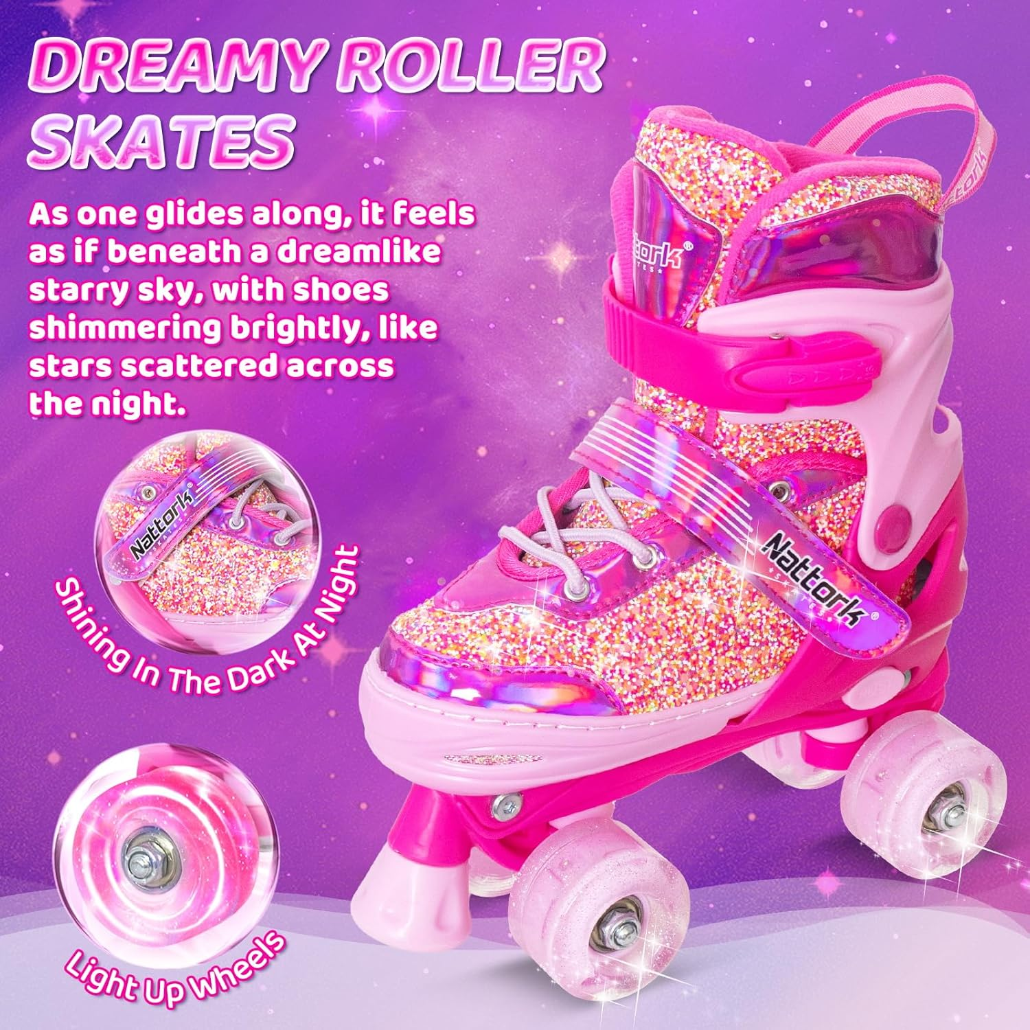 Nattork Kids Roller Skates for Girls Kids, 4 Sizes Adjustable Girls Roller Skates for Ages 3-12 with Light up Wheels & Safety Protection - Cool Indoor Outdoor Sports