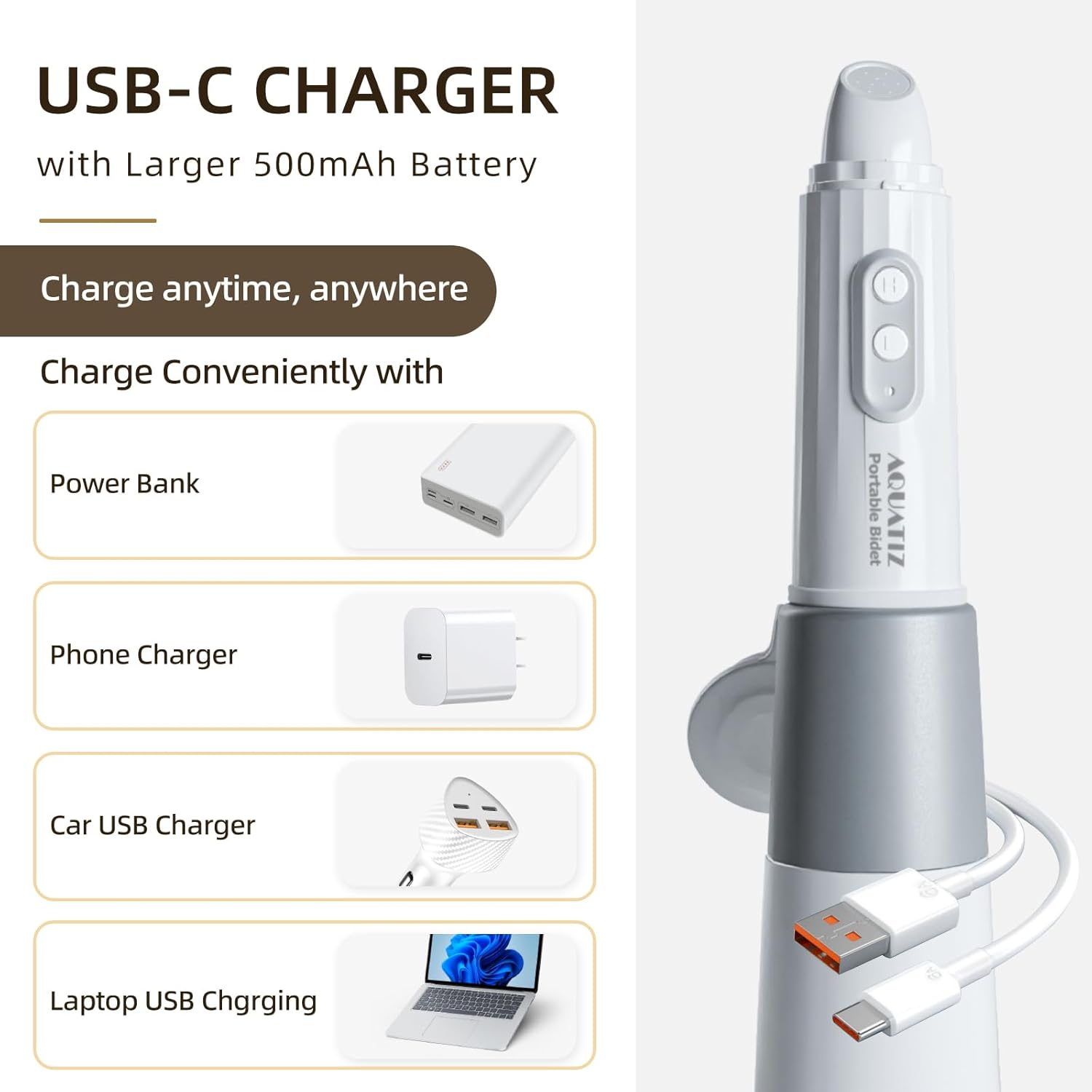 Aquatiz Portable Bidet for Traval, Electric Rechargeable Handheld Travel Bidet, High Pressure Portable Hygiene Sprayer for Men, Women, and Postpartum Care, Travel Essentials image number 4