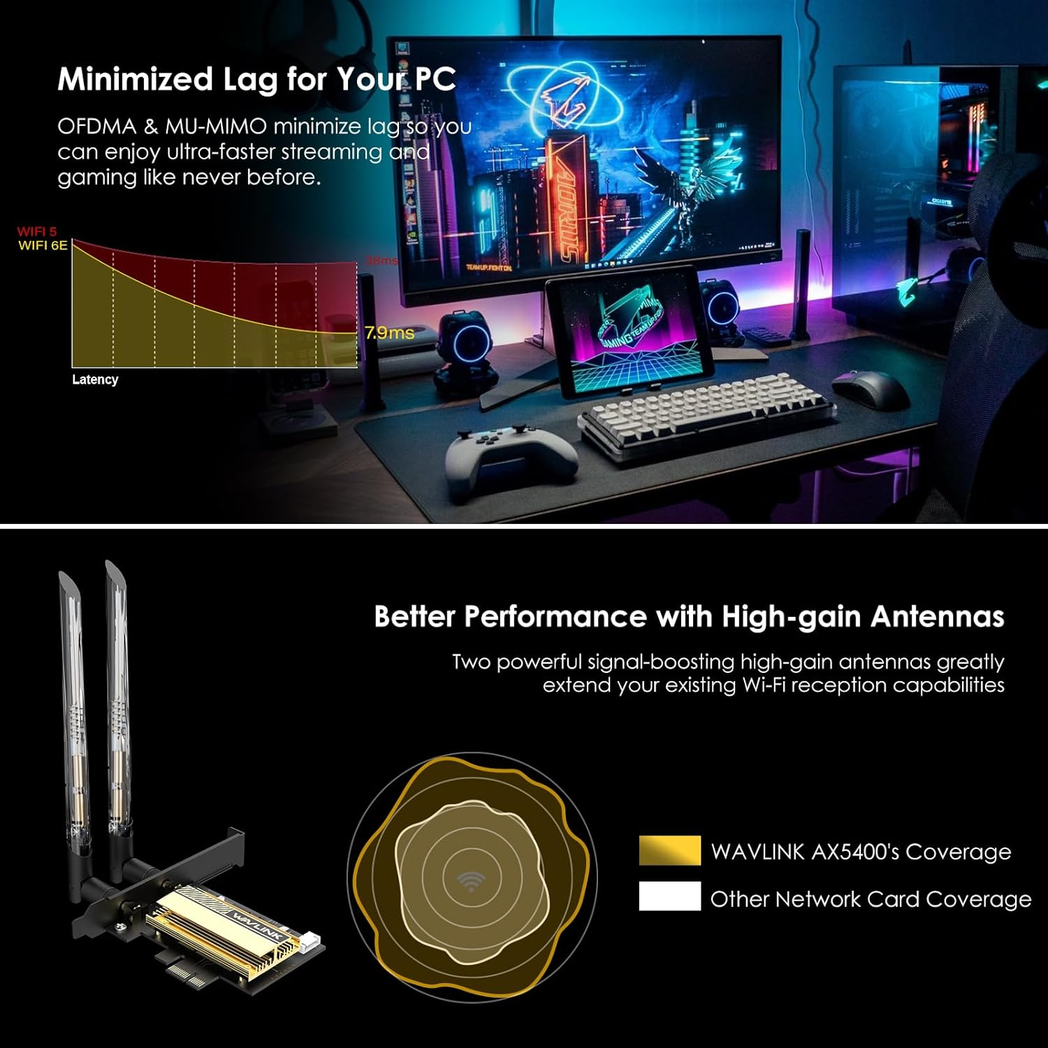 WAVLINK Wifi 6E Pcie AX5400M Wifi Card, Network Card Tri-Band AX210 Wireless Adapter with Bluetooth 5.3, MU-MIMO, WPA3, OFDMA, Low-Profile Bracket, Heat Sink for Windows 11/10 image number 4