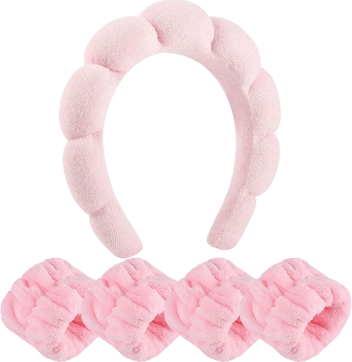 5 Pack Makeup Headband and Wristband for Women,Sponge & Terry Towel Cloth Fabric Headband for Skincare,Makeup Removal, Shower, Skincare (Pink) image number 3