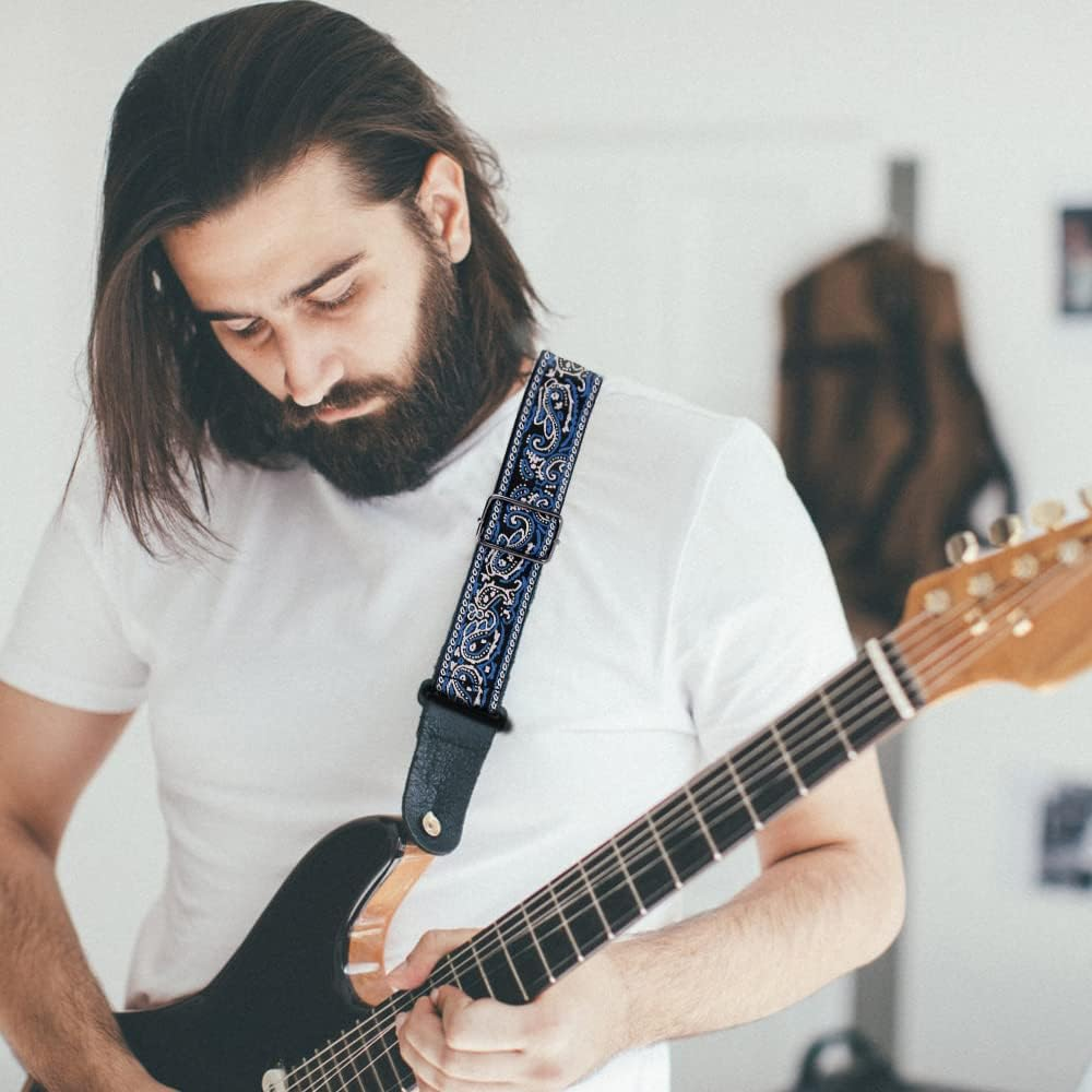 AUTOWT Guitar Strap, Vintage Embroidered Cotton Guitar Straps with Genuine Leather Ends for Bass Electric & Acoustic Guitars with Strap Locks Headstock Buttoned Tie Headstock Lace Tie 3 Guitar Picks image number 1