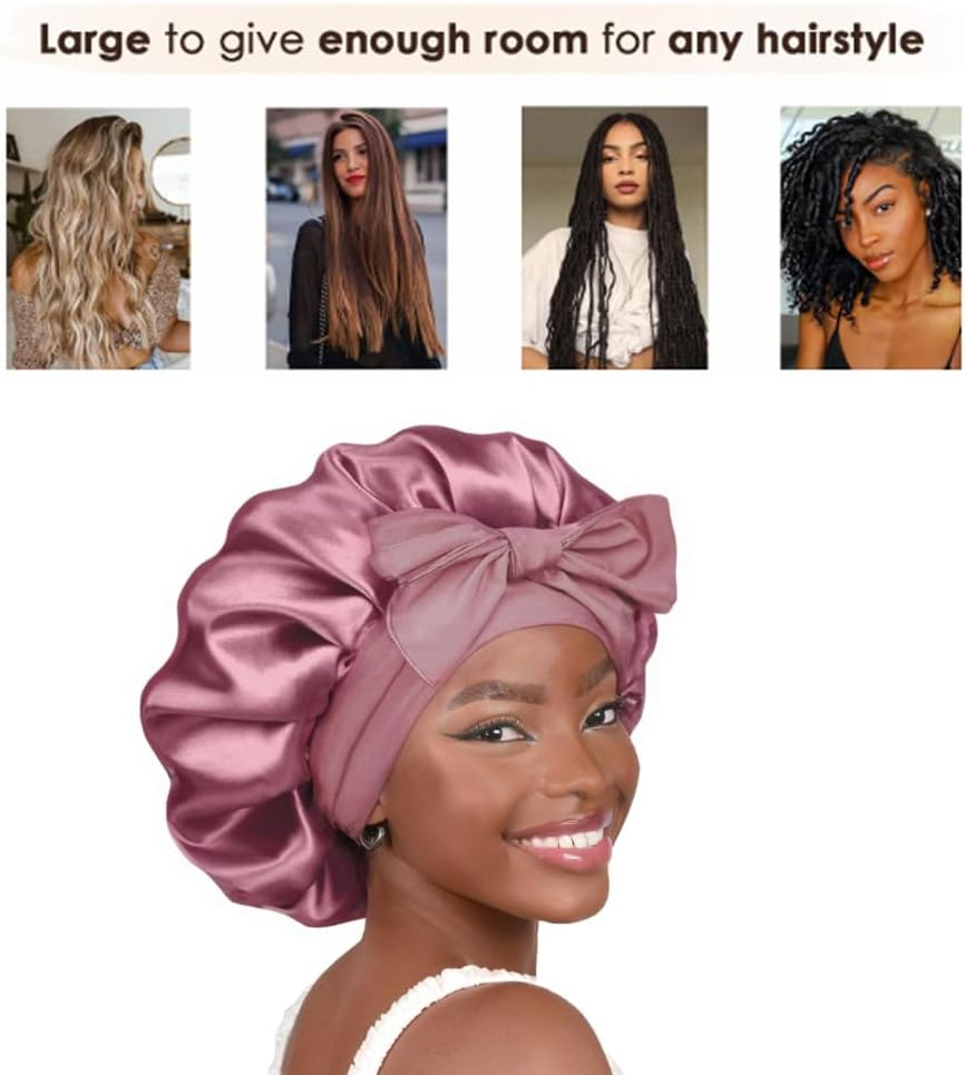 Satin Bonnet Silk Bonnet for Sleeping Silk Sleep Cap Double Layer Hair Bonnet with Elastic Tie Band for Curly Hair Night Cap Pink image number 4