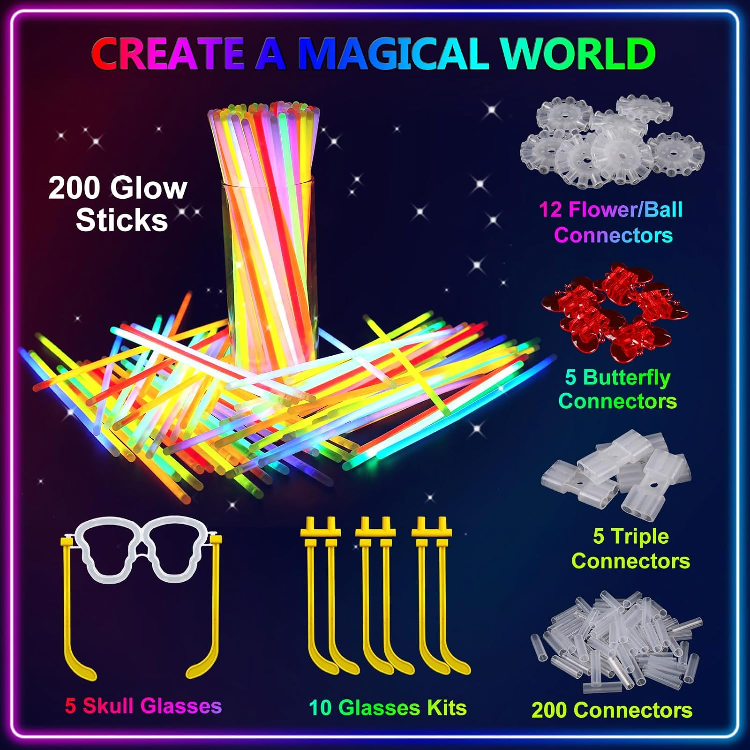 BUDI 467Pcs Cool Light up Toys Glow Party Favours for Kids/Adults: 200 Glowsticks Party Packs 7 Colours+ Connectors for Necklace, Flower Balls, Luminous Glasses and Triple/Butterfly Bracelets image number 6