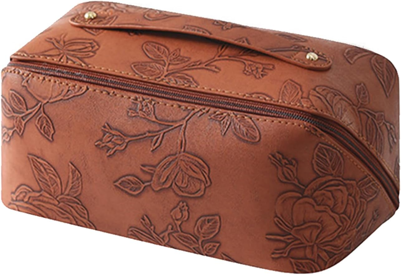 Travel Makeup Bags Cosmetic Organizer Bag,Large Capacity PU Leather Toiletry Bag for Women - Wide Open Portable Pouch with Divider & Handle (Black)