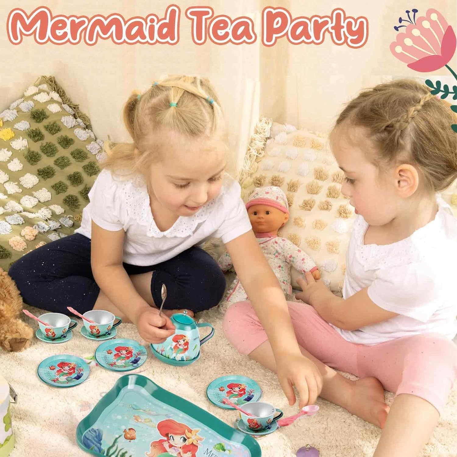 Mermaid Tea Party Set for Little Girls, Kids Party Set Toys for 3-6 Year Olds, Pretend Toy Tin Tea Set & Carrying Case, Princess Tea Time Kitchen Play Toys, Birthday Gifts image number 2