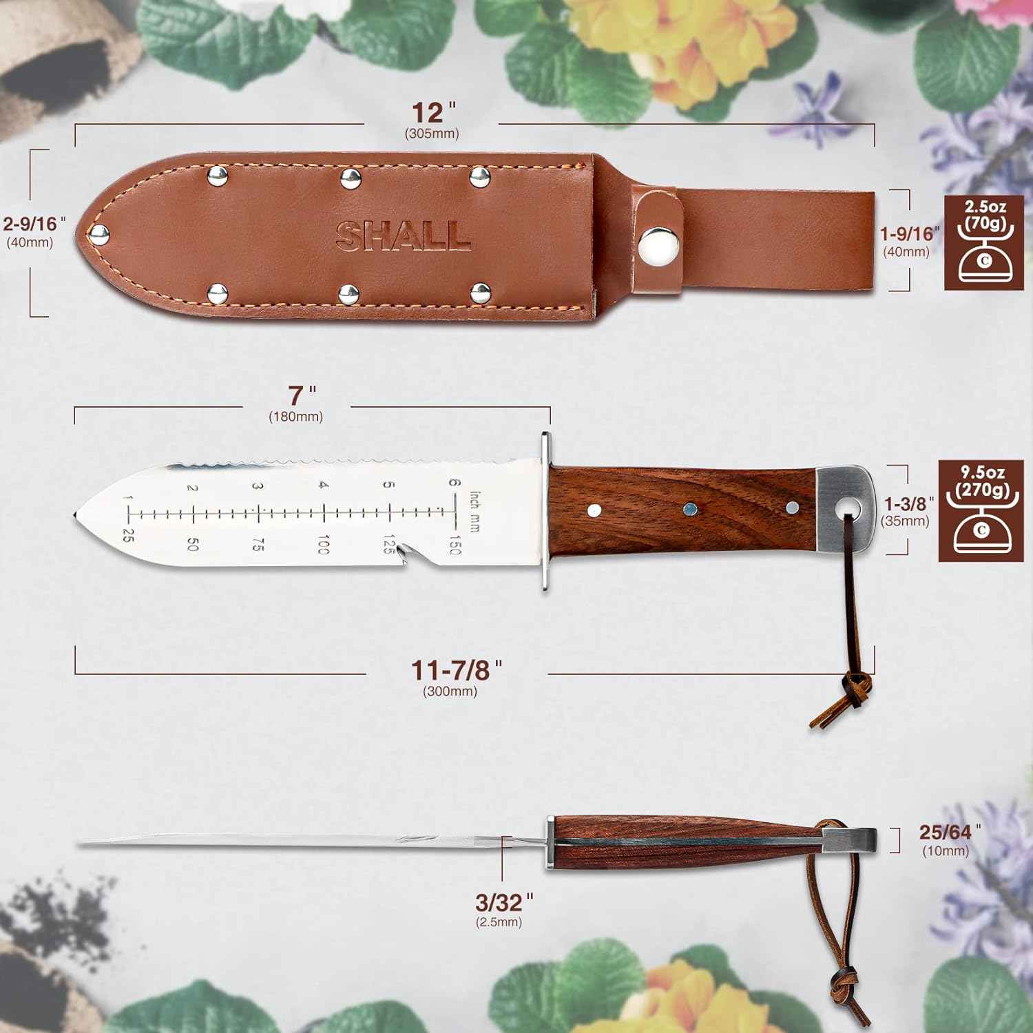 SHALL Hori Hori Garden Knife, Gardening Knife with Leather Sheath, Rosewood Handle & Hide Rope, 7&rdquo; Stainless Steel Blade, Rope Cutting Edge, for Digging, Weeding, Planting, Full-Tang image number 5