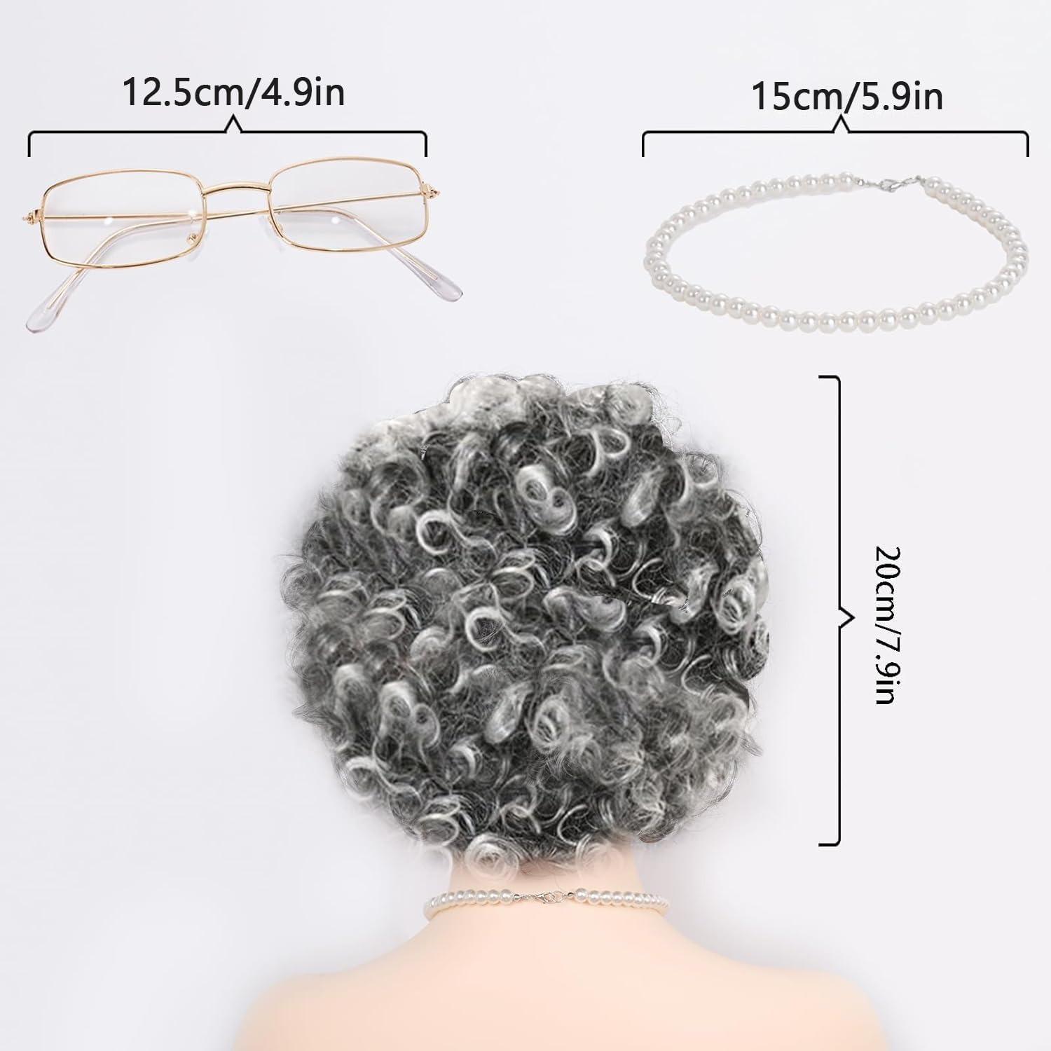 Old Lady Cosplay Set, Grey Granny Wig Curls Necklace and Fake Eyeglasses Set,Halloween Masquerade Party Witch Decoration 100 Days of School Event